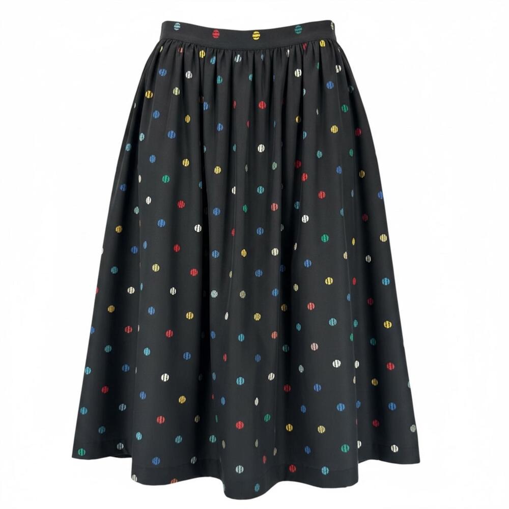 VTG Black Midi Skirt colorful Polka Dot Pattern teacher 12‎ HEM ISSUE SEE PICS